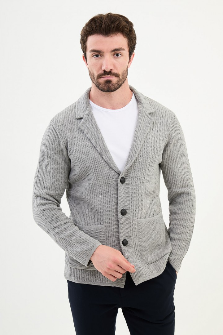 Light Grey Color Hanging Pocket Design Casual Men's Knit Jacket