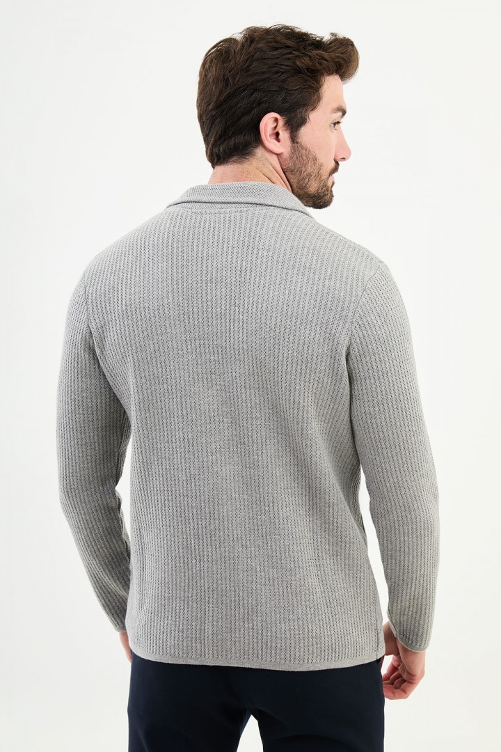 Light Grey Color Hanging Pocket Design Casual Men's Knit Jacket