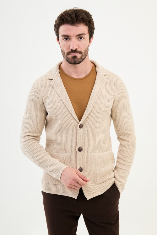 Beige Color Hanging Pocket Design Casual Men's Knit Jacket