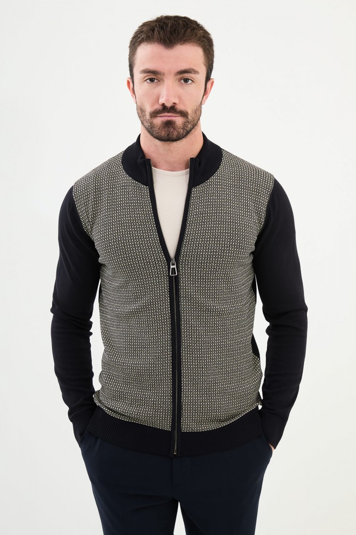 Dark Blue Color Figured And Zippered Design Casual Men's Knit Sweater