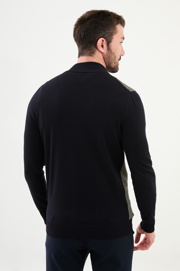 Dark Blue Color Figured And Zippered Design Casual Men's Knit Sweater