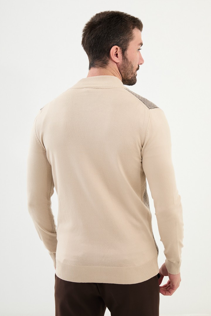 Beige Color Figured And Zippered Design Casual Men's Knit Sweater