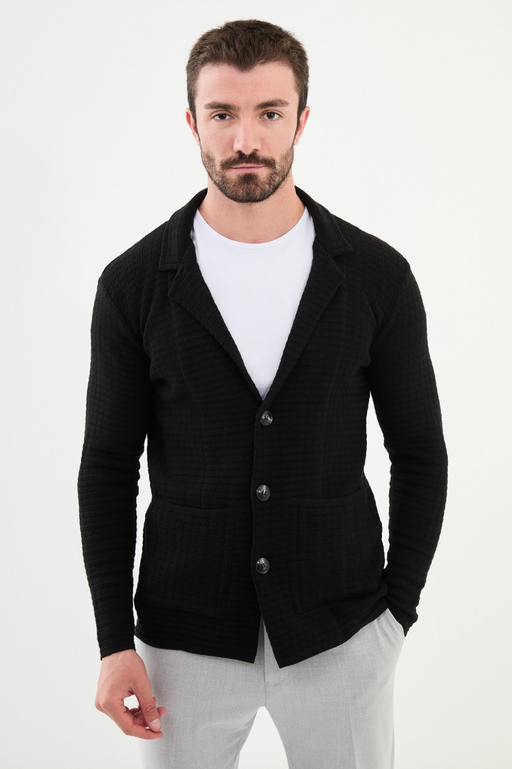 Black Color Hanging Pocket Design Casual Men's Knit Jacket