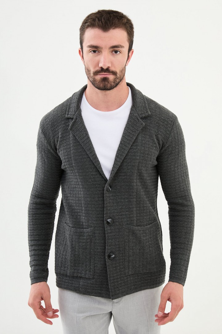 Anthracite Color Hanging Pocket Design Casual Men's Knit Jacket