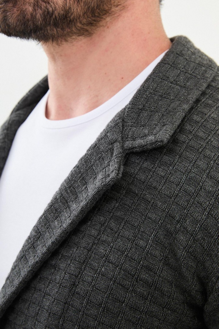 Anthracite Color Hanging Pocket Design Casual Men's Knit Jacket