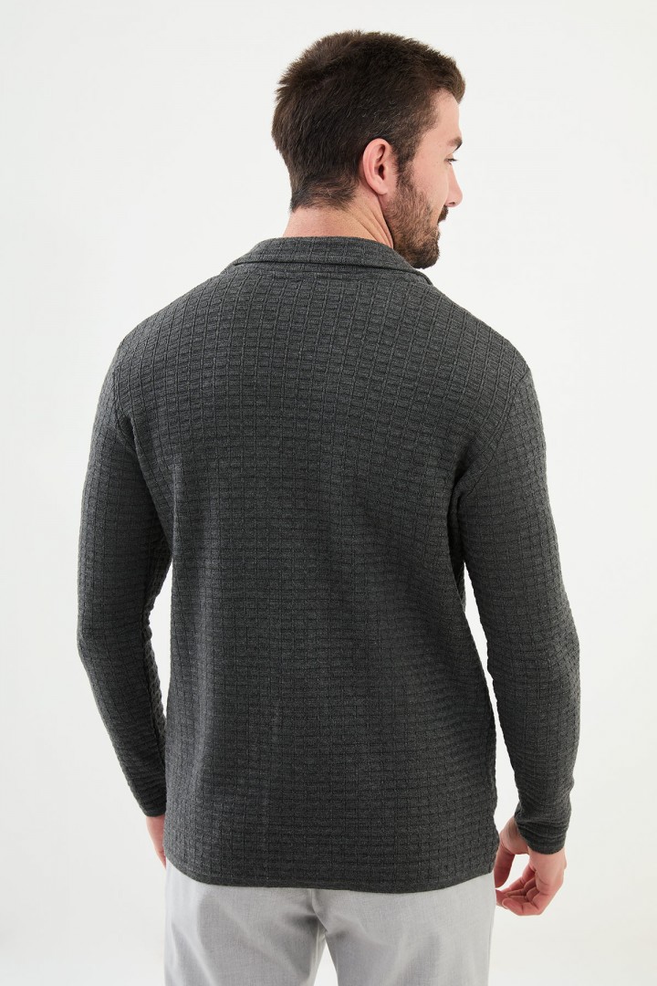 Anthracite Color Hanging Pocket Design Casual Men's Knit Jacket