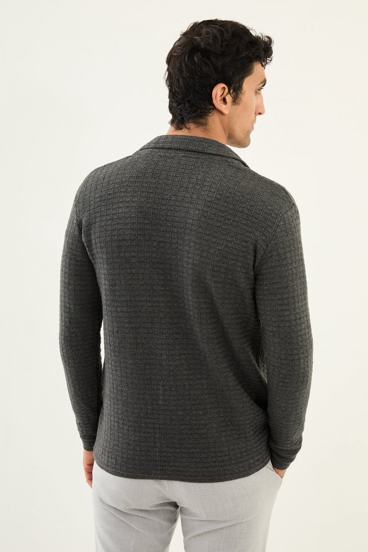 Anthracite Color Hanging Pocket Design Casual Men's Knit Jacket