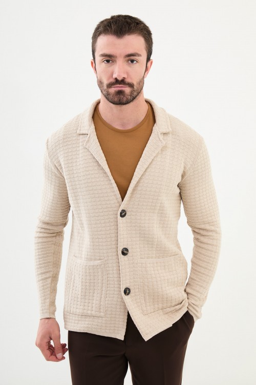 Beige Color Hanging Pocket Design Casual Men's Knit Jacket