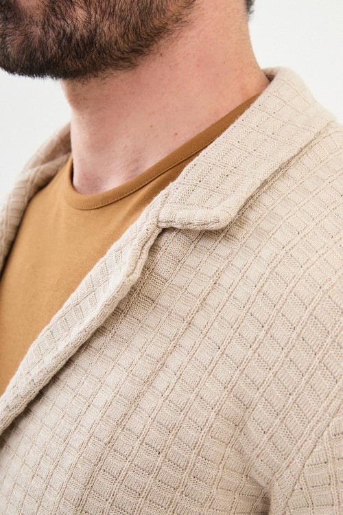 Beige Color Hanging Pocket Design Casual Men's Knit Jacket