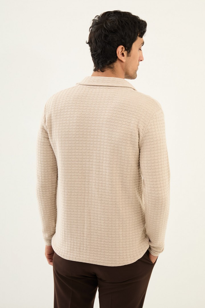 Beige Color Hanging Pocket Design Casual Men's Knit Jacket