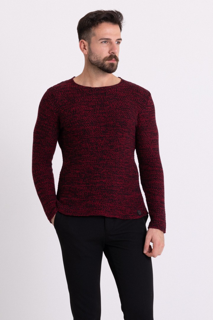 Claret Red Cotton And Acrylic Fabric Wide Bike Collar Detailed Mealy Mens Knitwear