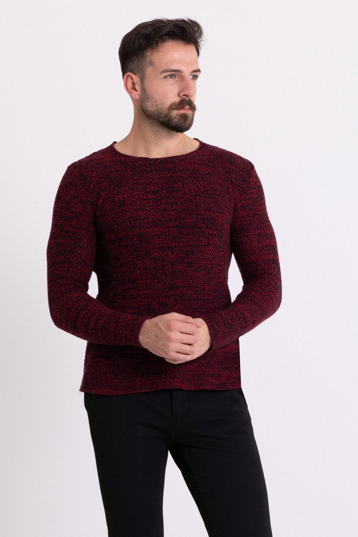 Claret Red Cotton And Acrylic Fabric Wide Bike Collar Detailed Mealy Mens Knitwear