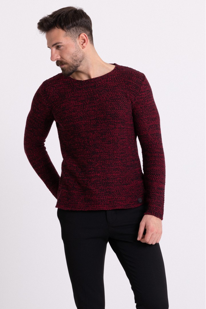 Claret Red Cotton And Acrylic Fabric Wide Bike Collar Detailed Mealy Mens Knitwear