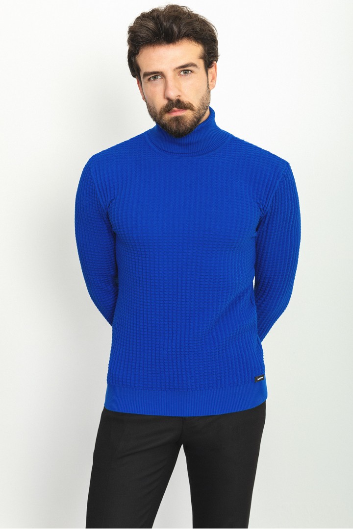 Sax Patterned Cotton And Acrylic Fabrics With Turtleneck Detailed Casual Mens Knitwear