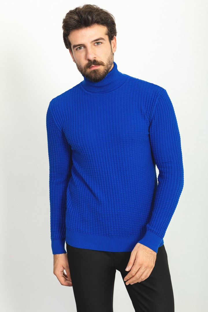 Sax Patterned Cotton And Acrylic Fabrics With Turtleneck Detailed Casual Mens Knitwear