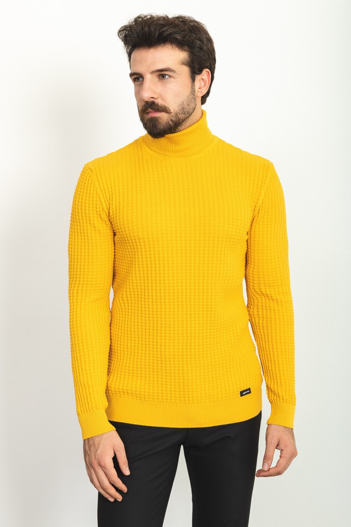 Yellow Patterned Cotton And Acrylic Fabrics With Turtleneck Detailed Casual Mens Knitwear