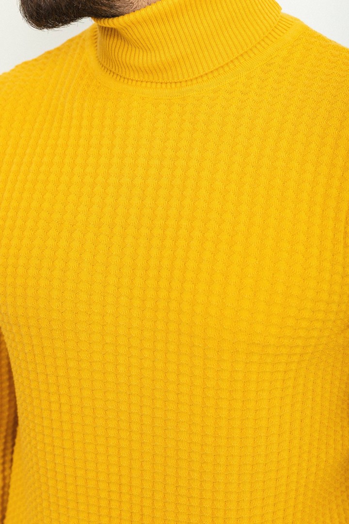 Yellow Patterned Cotton And Acrylic Fabrics With Turtleneck Detailed Casual Mens Knitwear