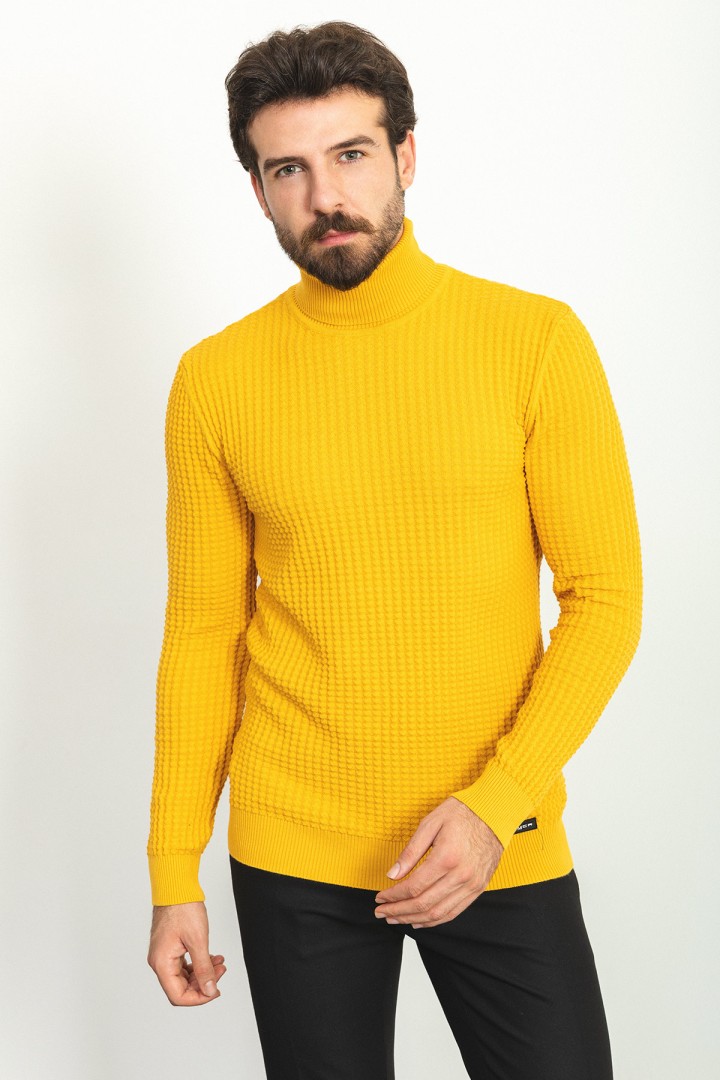 Yellow Patterned Cotton And Acrylic Fabrics With Turtleneck Detailed Casual Mens Knitwear