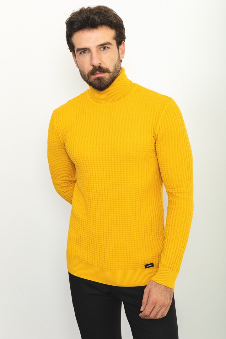 Yellow Patterned Cotton And Acrylic Fabrics With Turtleneck Detailed Casual Mens Knitwear