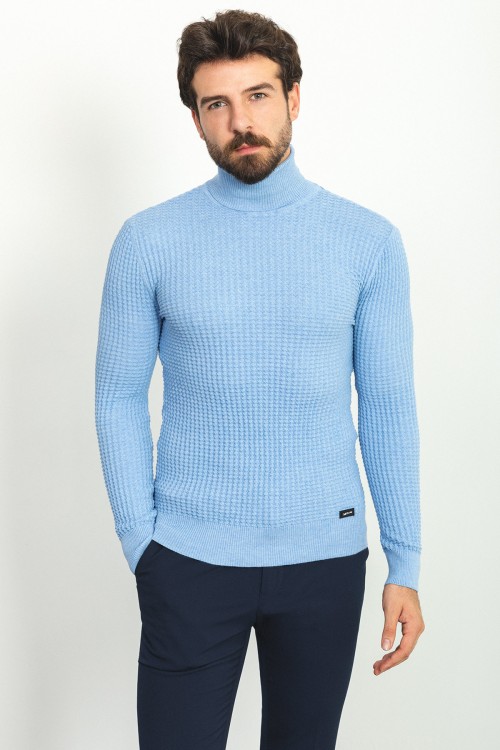 Light Blue Patterned Cotton And Acrylic Fabrics With Turtleneck Detailed Casual Mens Knitwear
