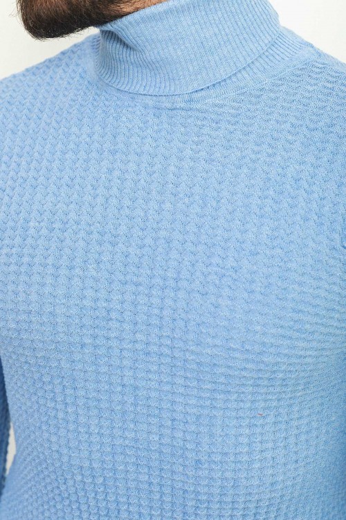 Light Blue Patterned Cotton And Acrylic Fabrics With Turtleneck Detailed Casual Mens Knitwear