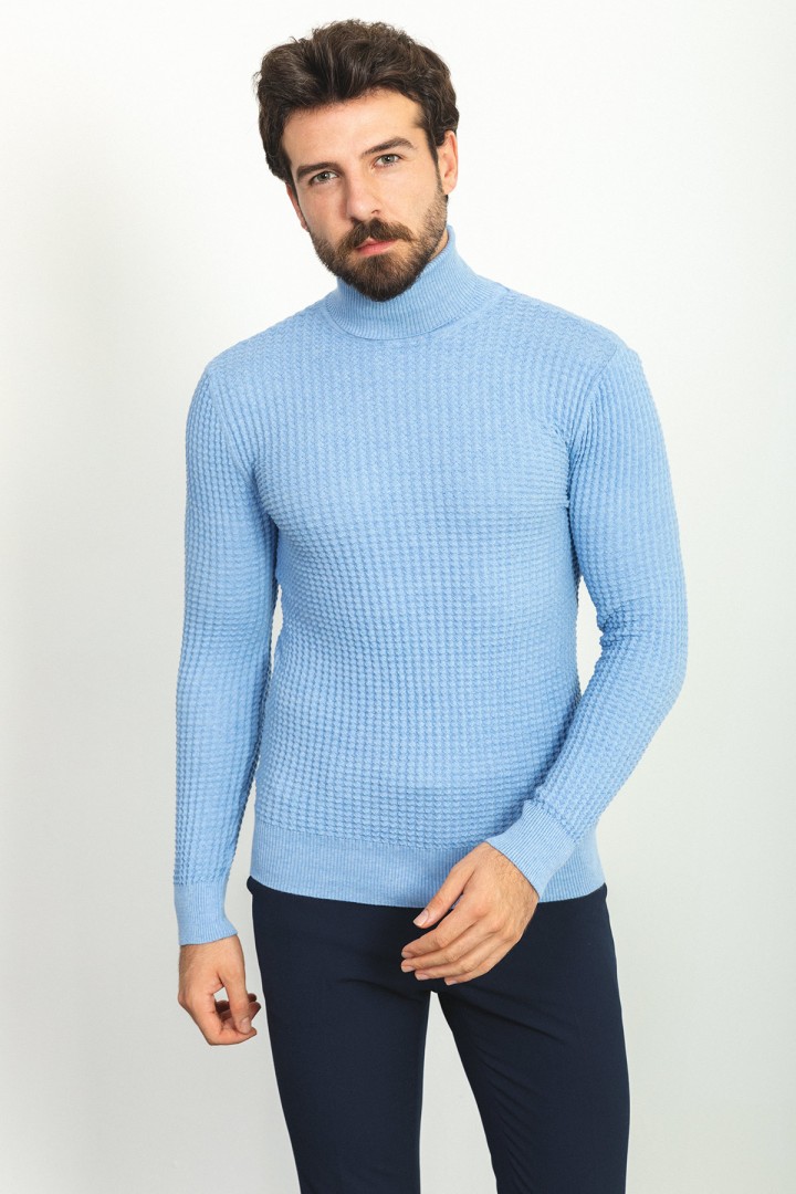 Light Blue Patterned Cotton And Acrylic Fabrics With Turtleneck Detailed Casual Mens Knitwear