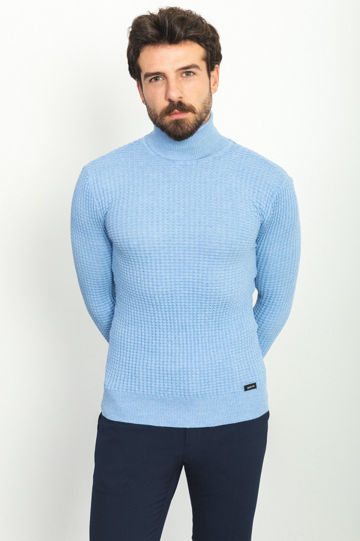 Light Blue Patterned Cotton And Acrylic Fabrics With Turtleneck Detailed Casual Mens Knitwear