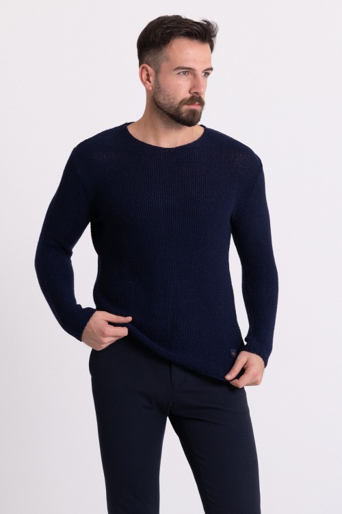Dark Blue Cotton And Acrylic Fabrics With Crew Neck Long Sleeved Detailed Casual Mens Knitwear