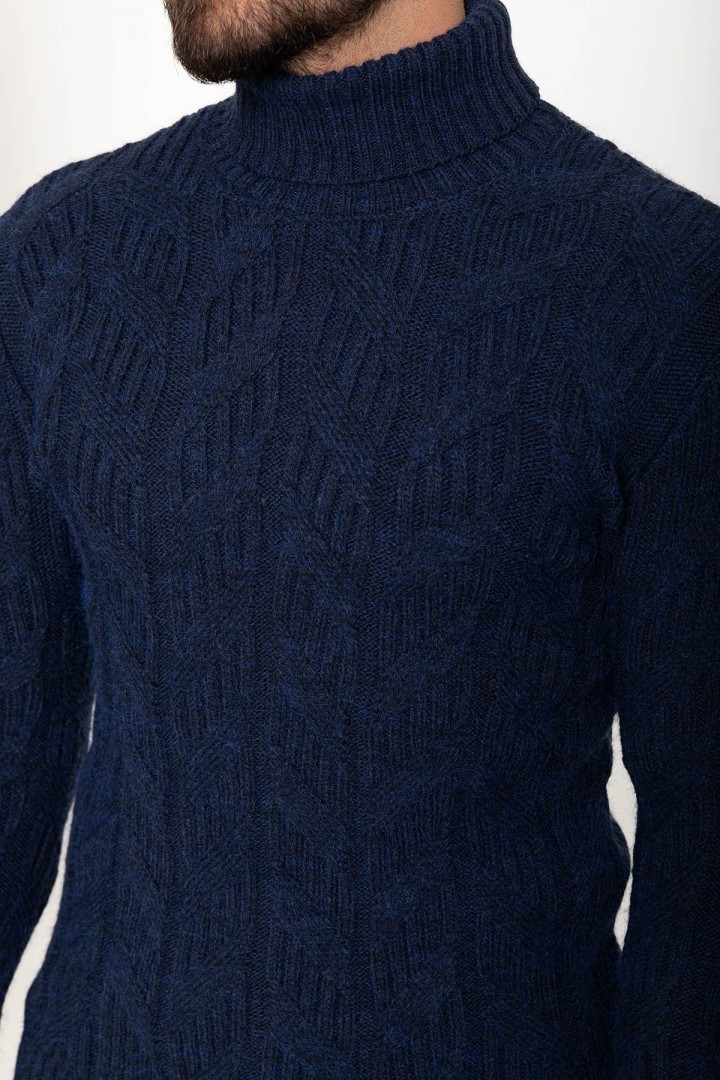 Dark Blue Wool And Acrylic Fabrics With Turtleneck Design Casual Mens Knitwear