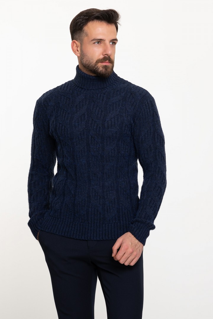 Dark Blue Wool And Acrylic Fabrics With Turtleneck Design Casual Mens Knitwear