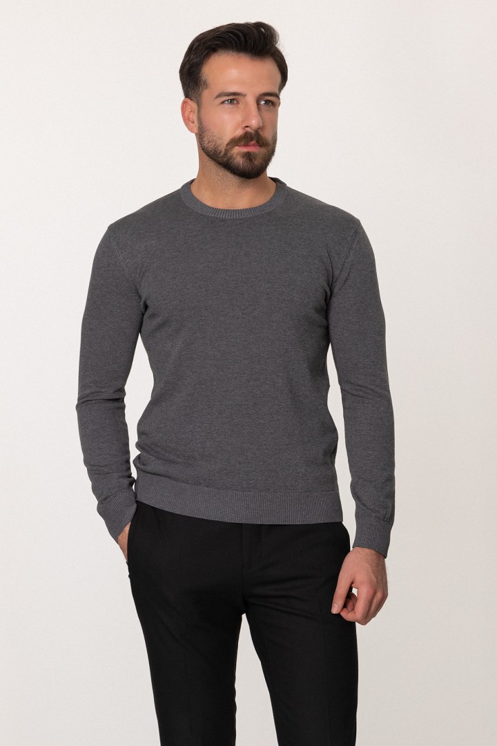 Anthracite Color Elastane And Viscose Fabric With Crew Neck And Long Sleeved Detail Casual Men's Knitwear