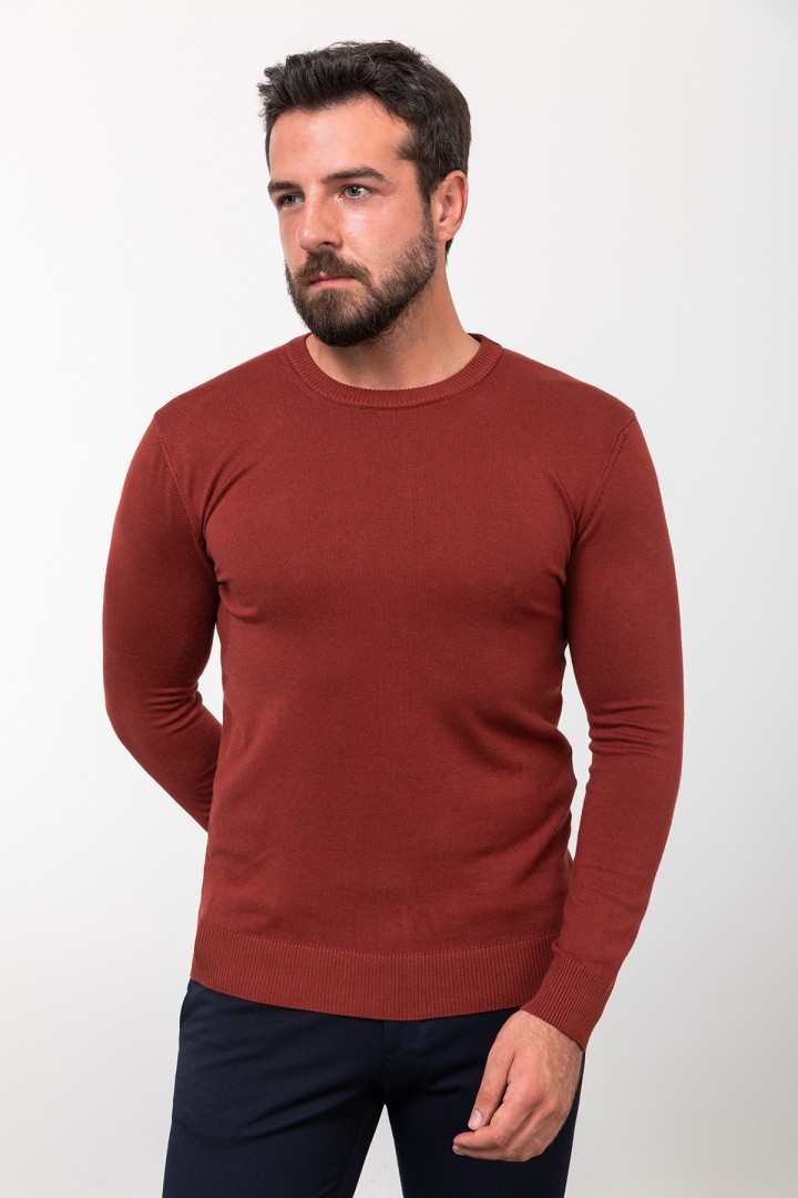 Claret Red Color Elastane And Viscose Fabric With Crew Neck And Long Sleeved Detail Casual Men's Knitwear