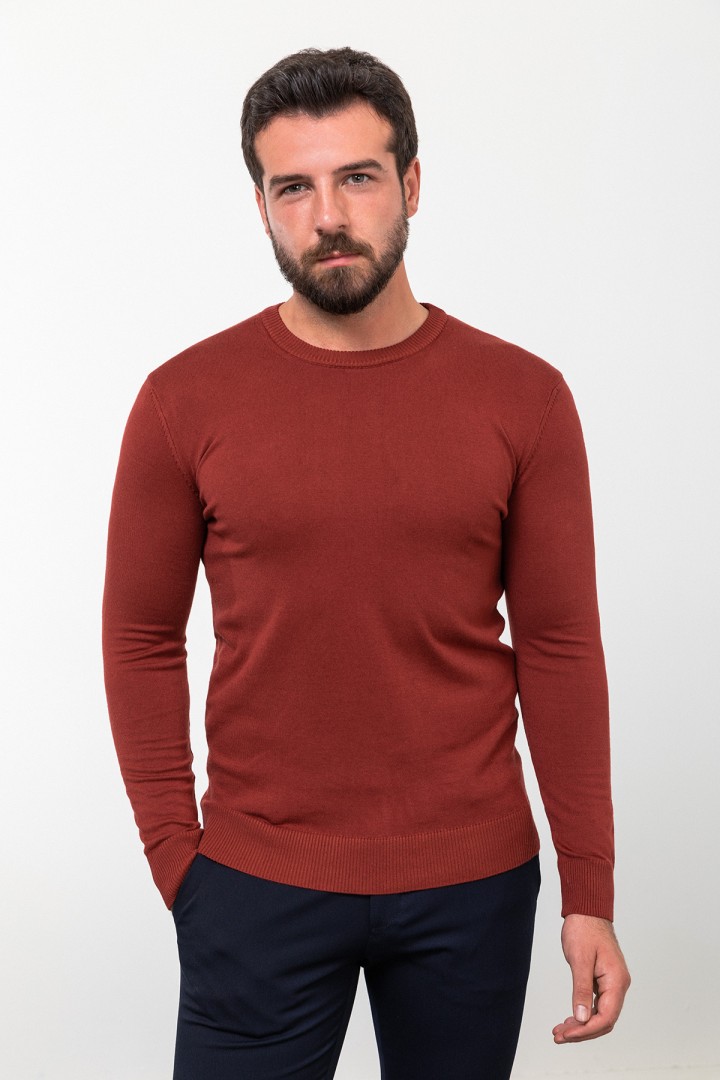 Claret Red Color Elastane And Viscose Fabric With Crew Neck And Long Sleeved Detail Casual Men's Knitwear
