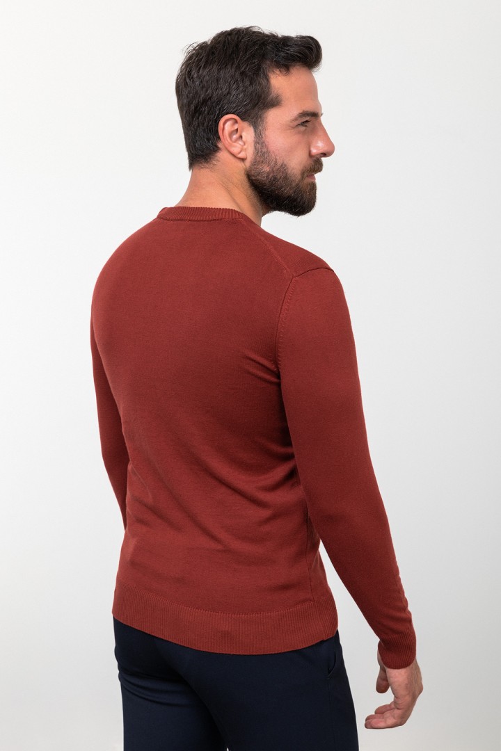 Claret Red Color Elastane And Viscose Fabric With Crew Neck And Long Sleeved Detail Casual Men's Knitwear