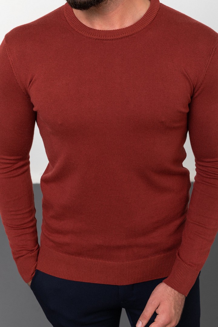 Claret Red Color Elastane And Viscose Fabric With Crew Neck And Long Sleeved Detail Casual Men's Knitwear