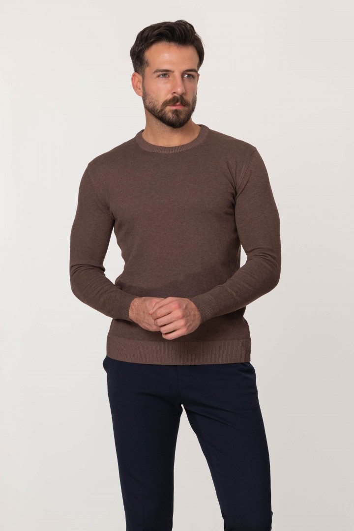Brown Color Elastan And Viscose Fabric With Crew Neck And Long Sleeved Detail Casual Men's Knitwear