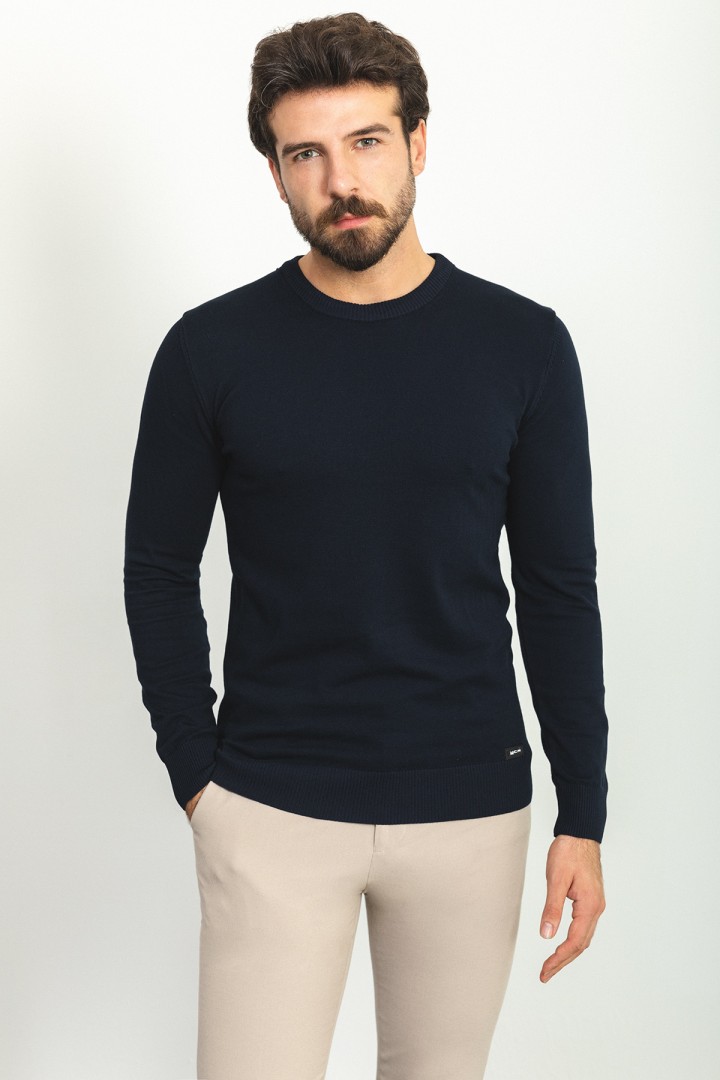 Dark Blue Color Elastan And Viscose Fabric With Crew Neck And Long Sleeved Detail Casual Men's Knitwear
