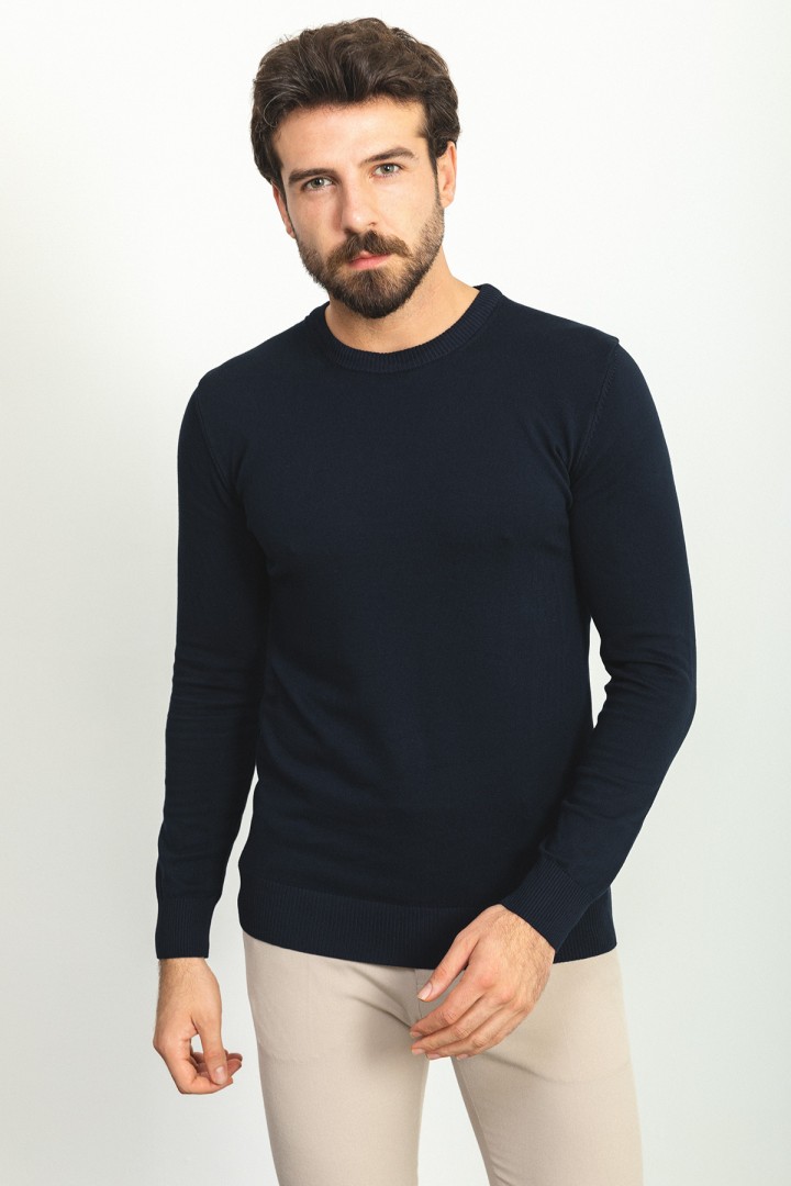 Dark Blue Color Elastan And Viscose Fabric With Crew Neck And Long Sleeved Detail Casual Men's Knitwear