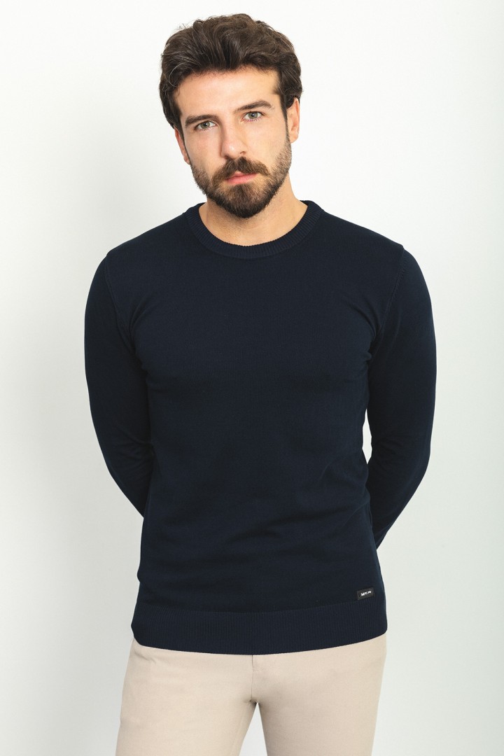 Dark Blue Color Elastan And Viscose Fabric With Crew Neck And Long Sleeved Detail Casual Men's Knitwear