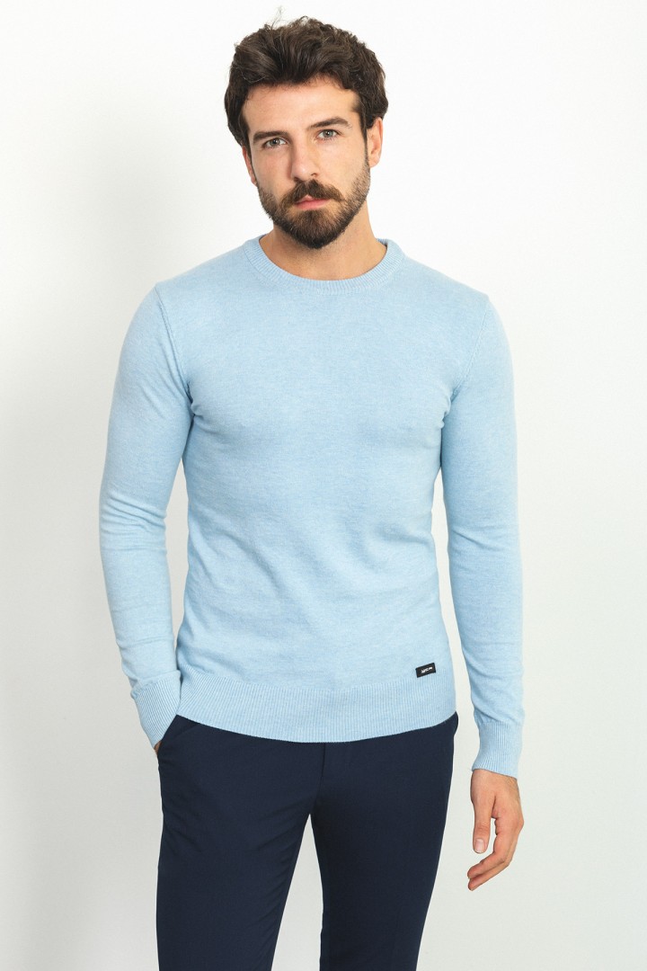 Blue Color Elastan And Viscose Fabric With Crew Neck And Long Sleeved Detail Casual Men's Knitwear