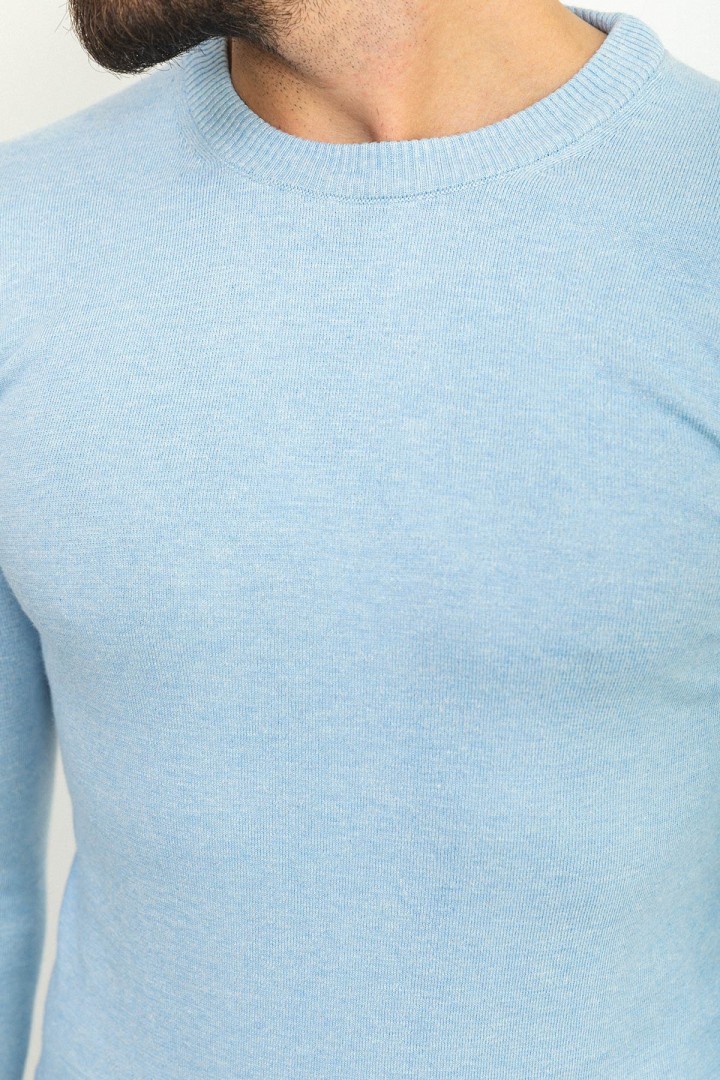 Blue Color Elastan And Viscose Fabric With Crew Neck And Long Sleeved Detail Casual Men's Knitwear