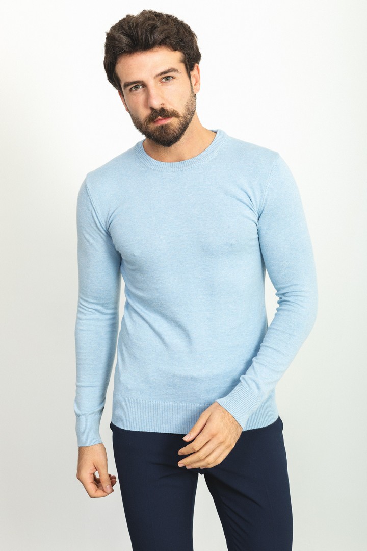 Blue Color Elastan And Viscose Fabric With Crew Neck And Long Sleeved Detail Casual Men's Knitwear