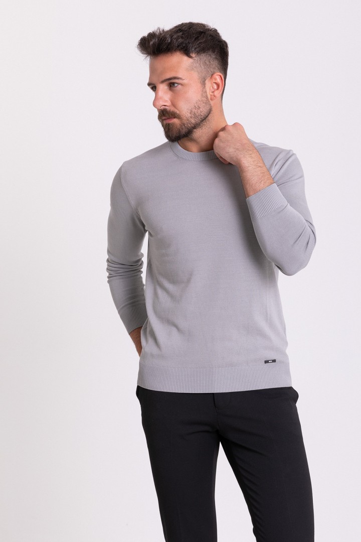 Light Grey Color Elastan And Viscose Fabric With Crew Neck And Long Sleeved Detail Casual Men's Knitwear