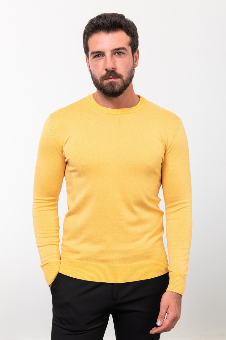 Yellow Color Elastane And Viscose Fabric With Crew Neck And Long Sleeved Detail Casual Men's Knitwear