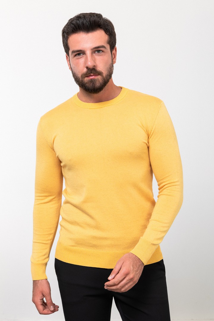 Yellow Color Elastane And Viscose Fabric With Crew Neck And Long Sleeved Detail Casual Men's Knitwear