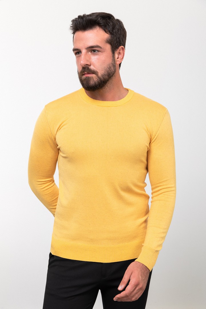 Yellow Color Elastane And Viscose Fabric With Crew Neck And Long Sleeved Detail Casual Men's Knitwear