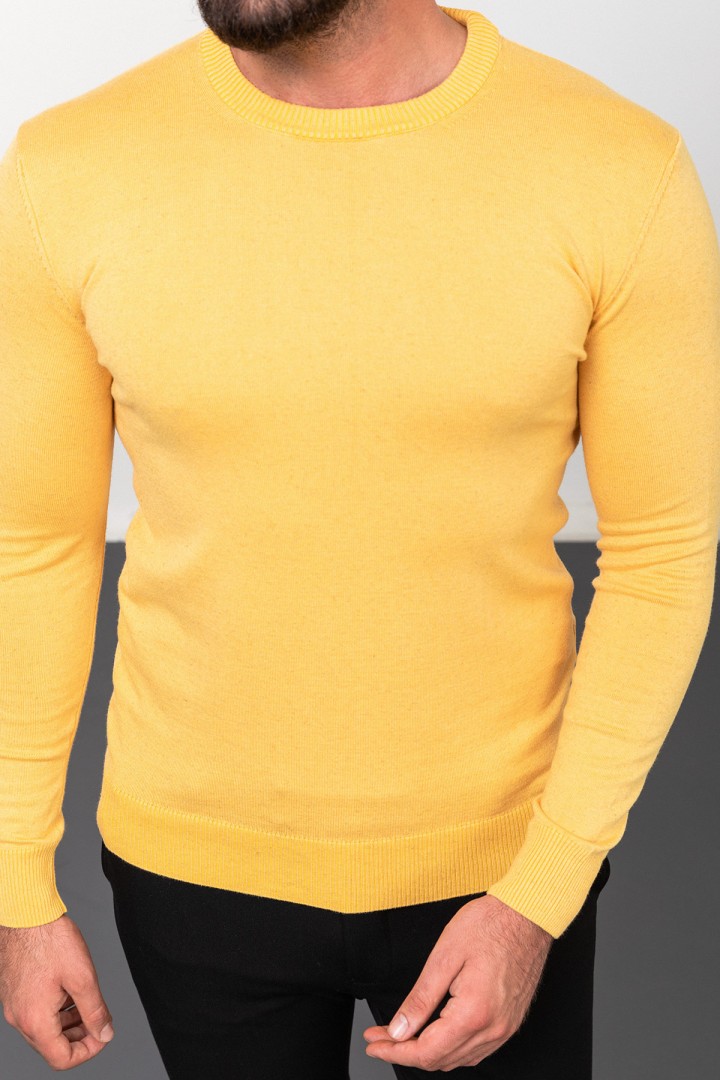 Yellow Color Elastane And Viscose Fabric With Crew Neck And Long Sleeved Detail Casual Men's Knitwear