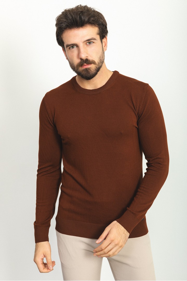 Tile Color Elastan And Viscose Fabric With Crew Neck And Long Sleeved Detail Casual Men's Knitwear