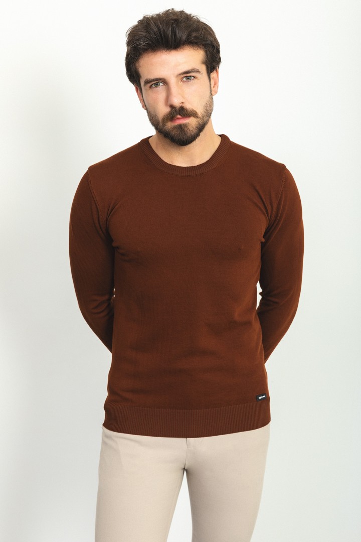 Tile Color Elastan And Viscose Fabric With Crew Neck And Long Sleeved Detail Casual Men's Knitwear