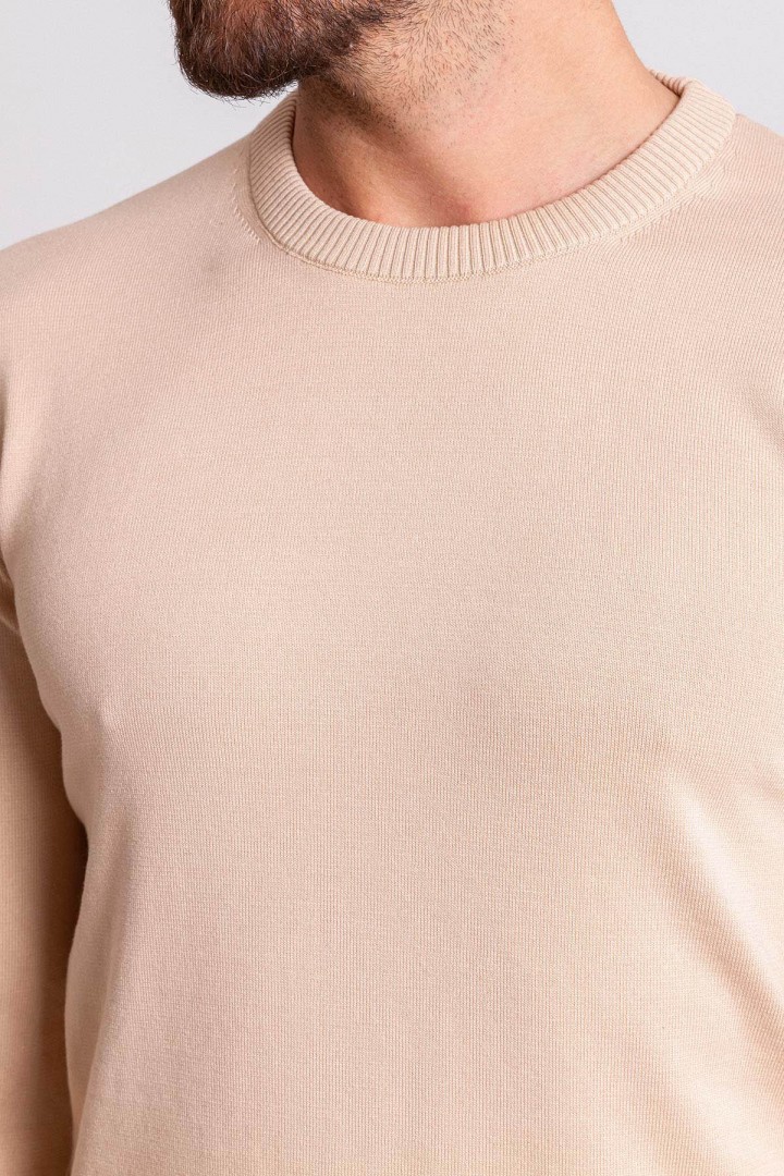 Beige Color Elastan And Viscose Fabric With Crew Neck And Long Sleeved Detail Casual Men's Knitwear